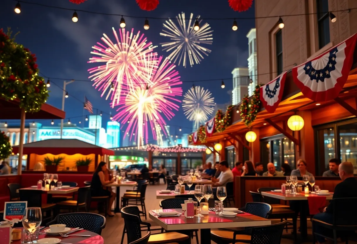 Diners enjoying outdoor meals with fireworks in the background in Nashville.