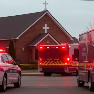 Emergency response vehicles outside a church following a shooting incident.