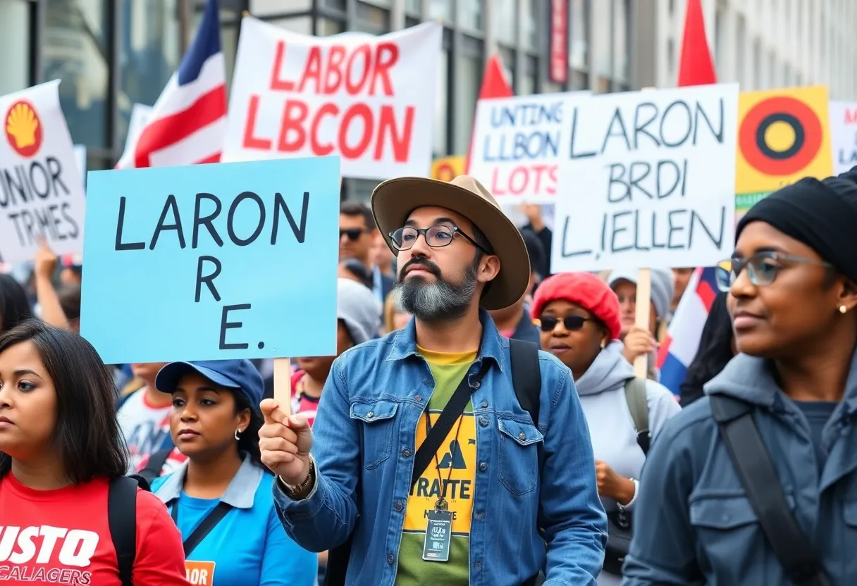 Scottish workers rallying for labor rights with banners in Nashville.