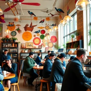 Interior view of Matryoshka Coffee with colorful decor and coffee patrons.