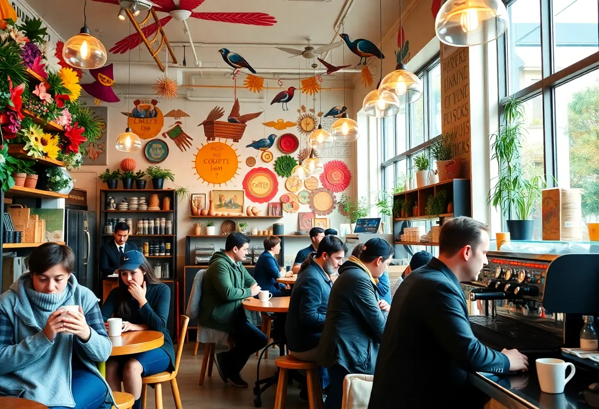Interior view of Matryoshka Coffee with colorful decor and coffee patrons.