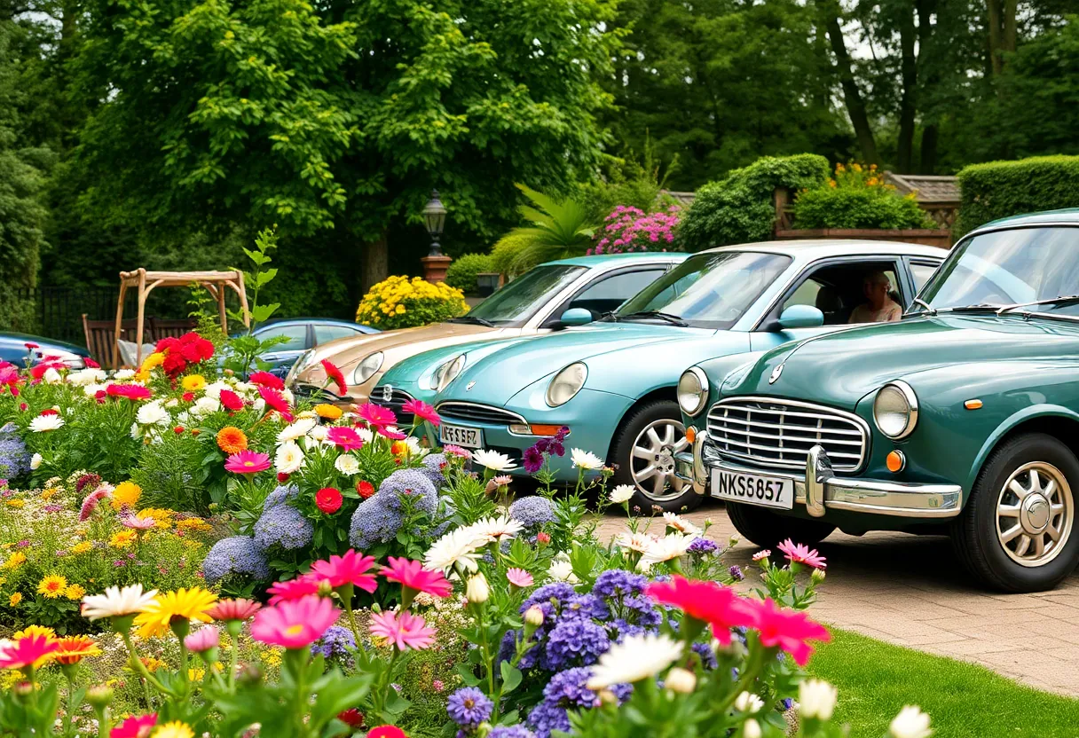 A serene garden filled with vibrant flowers, cars, representing a life well-lived.