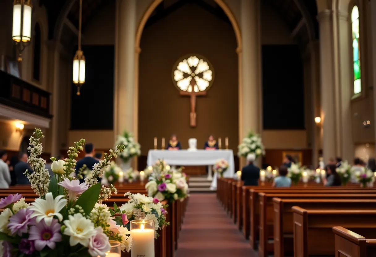 Memorial service setup with flowers and candles