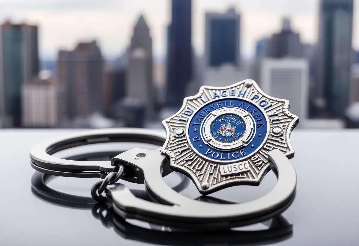 Police badge and handcuffs symbolizing justice in Nashville.