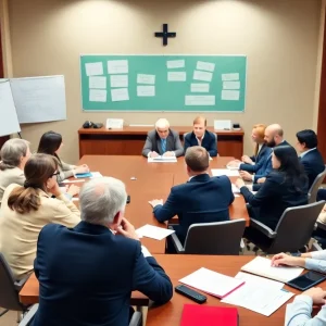 A conceptual image depicting a school board meeting.