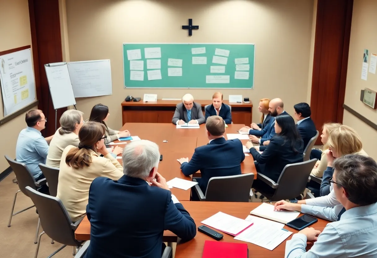 A conceptual image depicting a school board meeting.