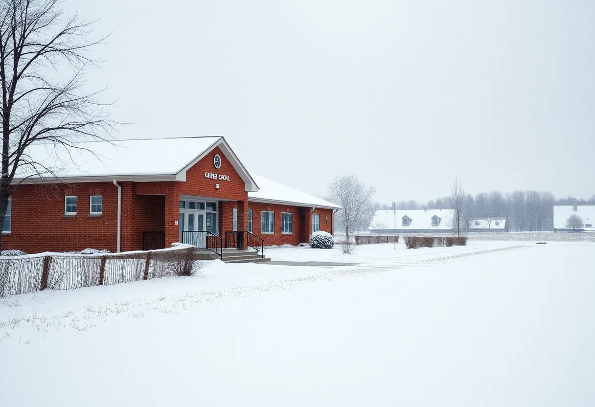 Snow-covered school building in Middle Tennessee