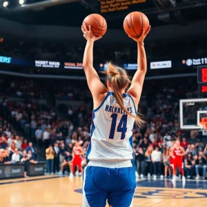 Female basketball player scoring a crucial basket in a championship game