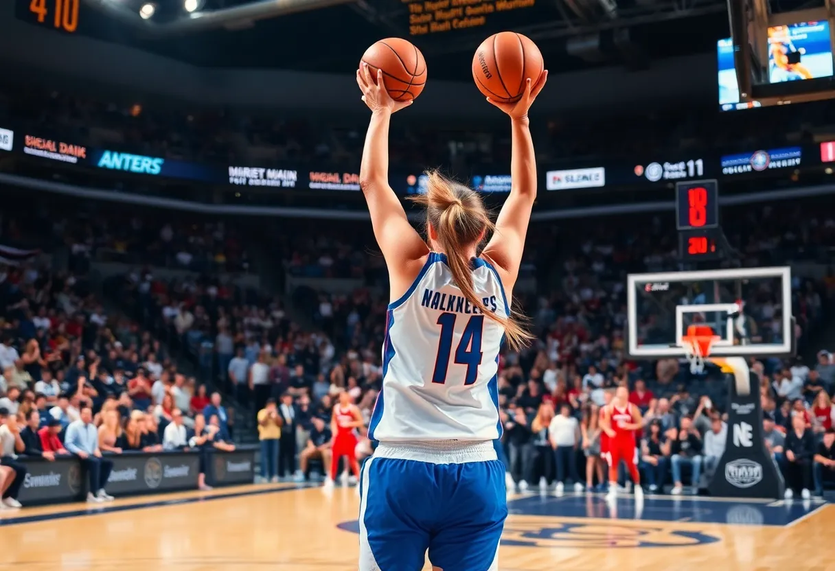 Female basketball player scoring a crucial basket in a championship game