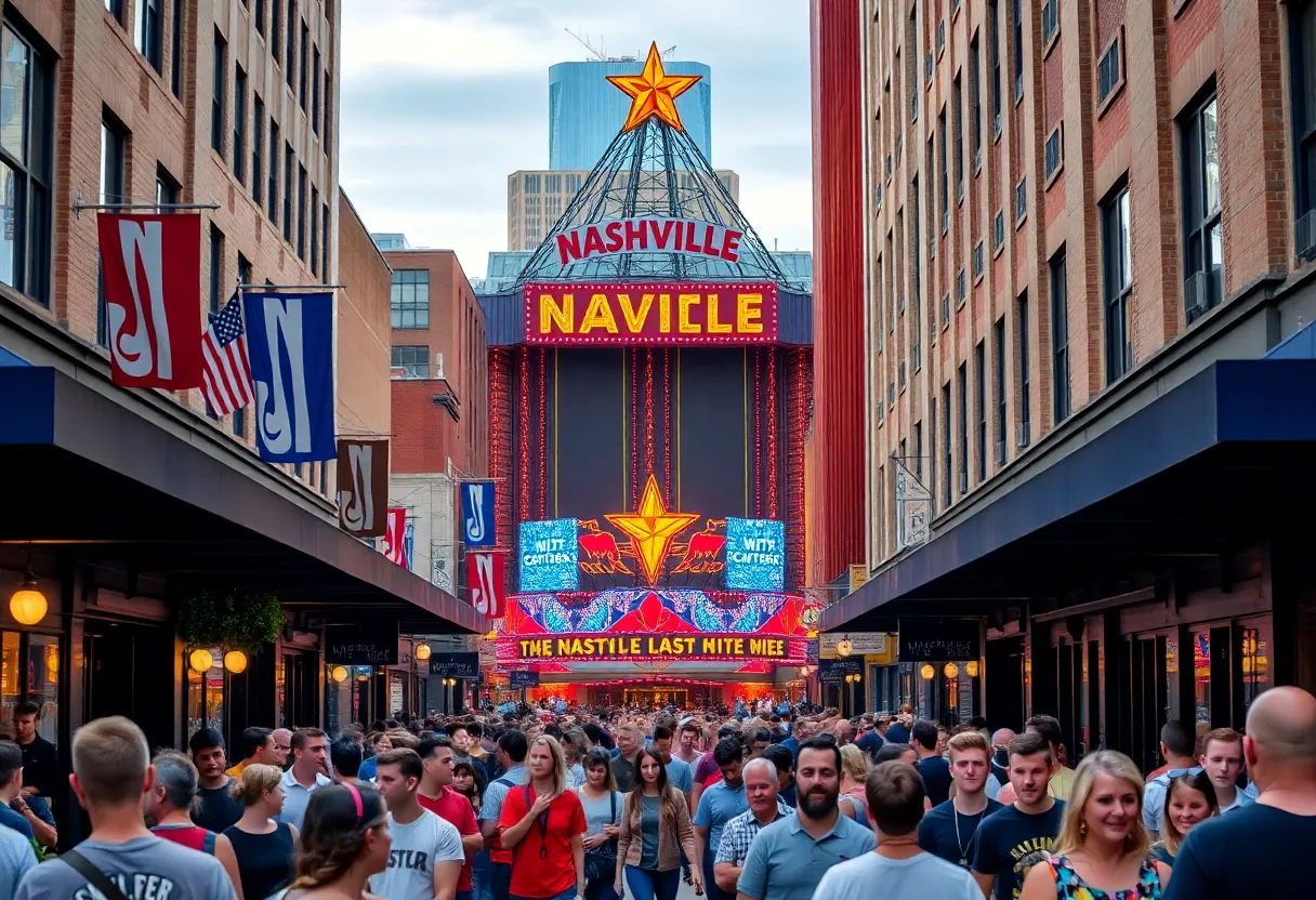 A busy Nashville street filled with concertgoers enjoying live music.