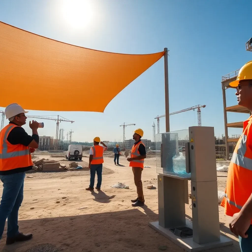 Construction workers in Nashville dealing with extreme heat, utilizing safety measures.