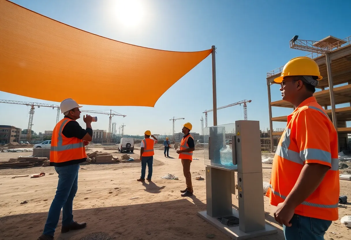Construction workers in Nashville dealing with extreme heat, utilizing safety measures.