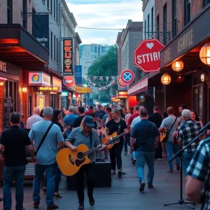 A lively nighttime scene in Nashville with musicians playing at bars