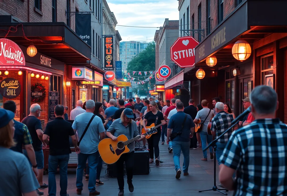 A lively nighttime scene in Nashville with musicians playing at bars
