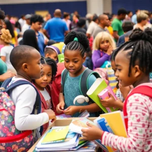 Students receiving school supplies and backpacks at a Nashville back-to-school event.