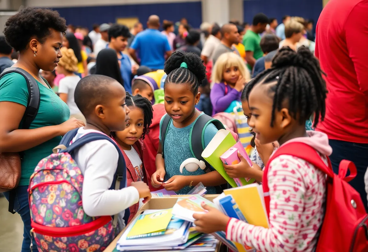 Students receiving school supplies and backpacks at a Nashville back-to-school event.