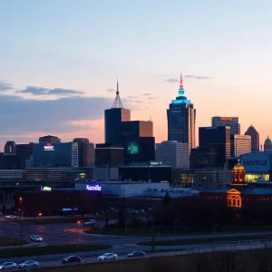 Beautiful view of Nashville skyline illuminated at dusk with music and culture representation.