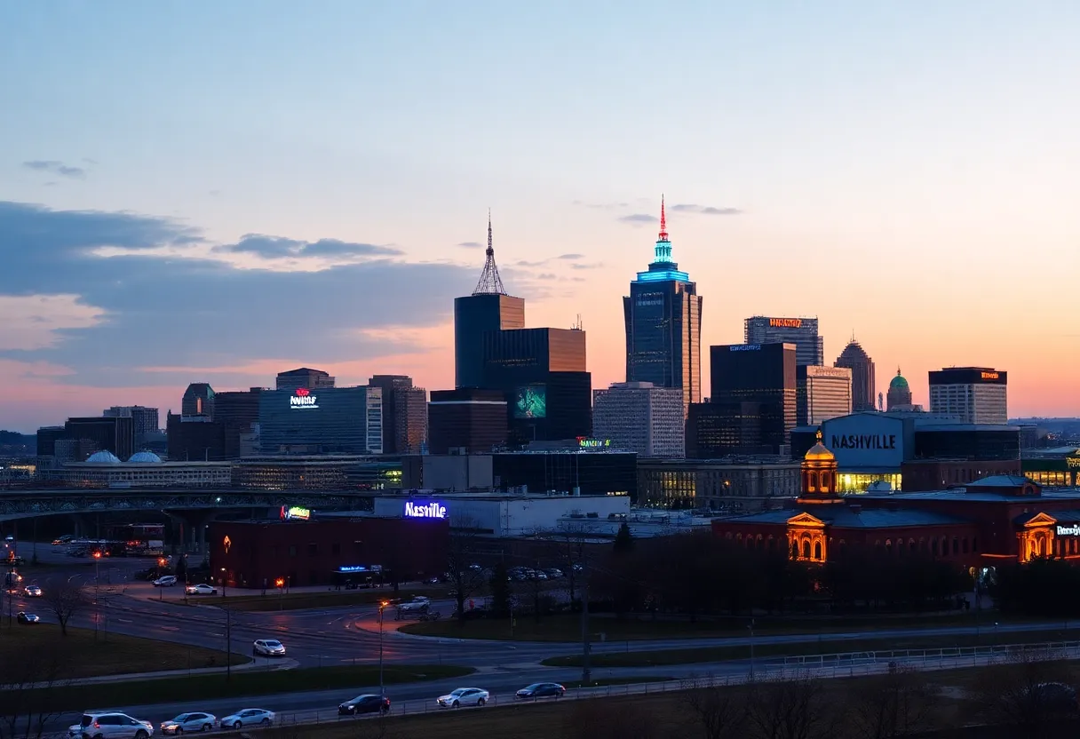 Beautiful view of Nashville skyline illuminated at dusk with music and culture representation.