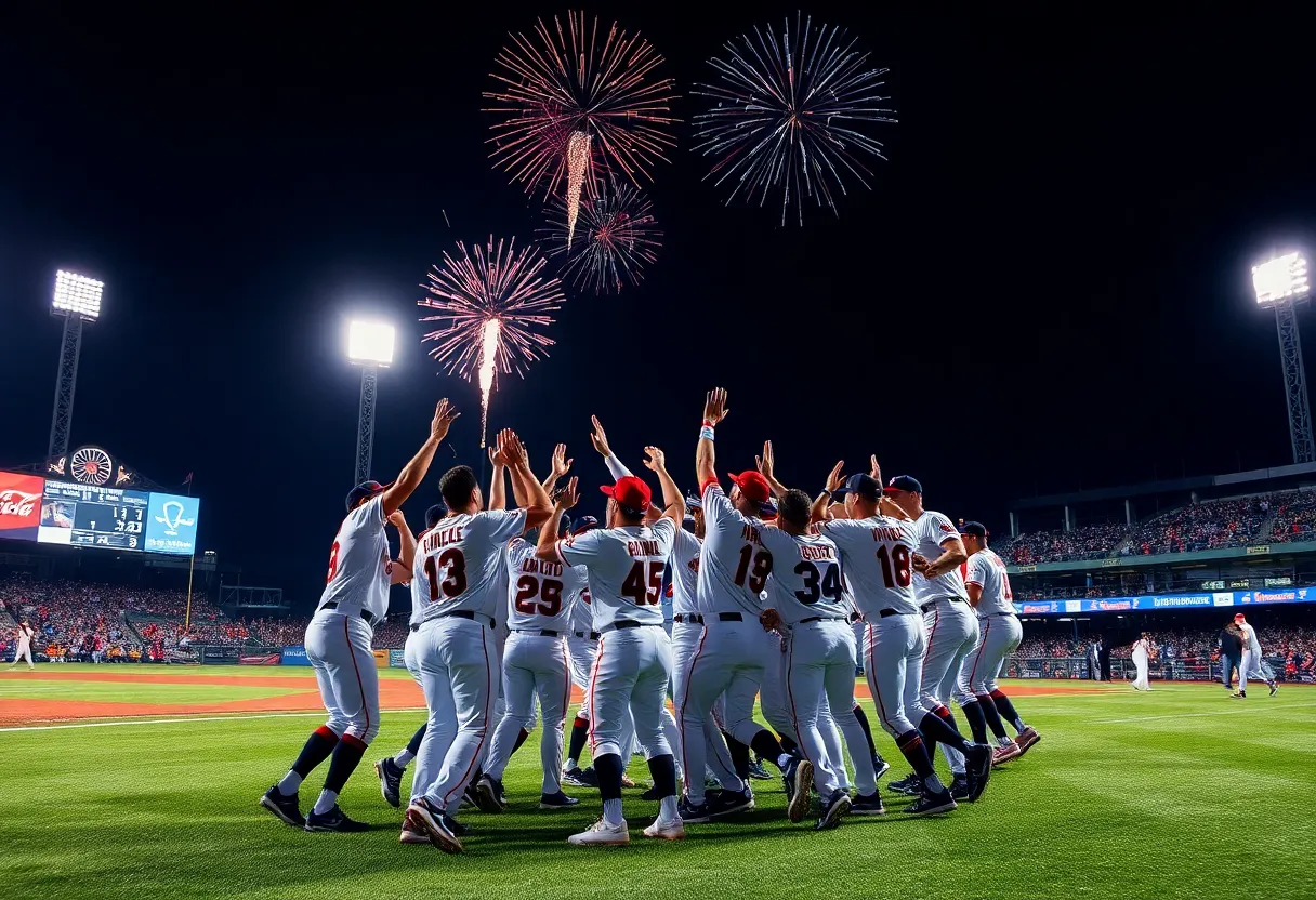 Players of the Nashville Sounds celebrating a walk-off win at First Horizon Park.