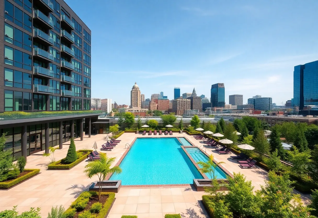 Rendering of the Nashville Sports Illustrated Resort with outdoor pool and city skyline.
