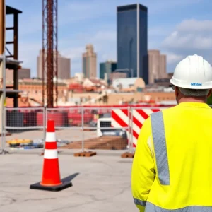 Nissan Stadium construction site with safety signs