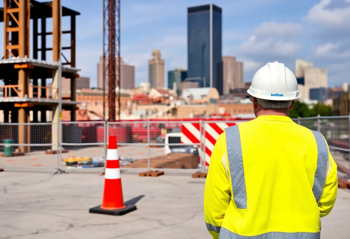 Nissan Stadium construction site with safety signs