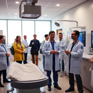 A group of healthcare professionals discussing treatments in a modern clinic in Nashville