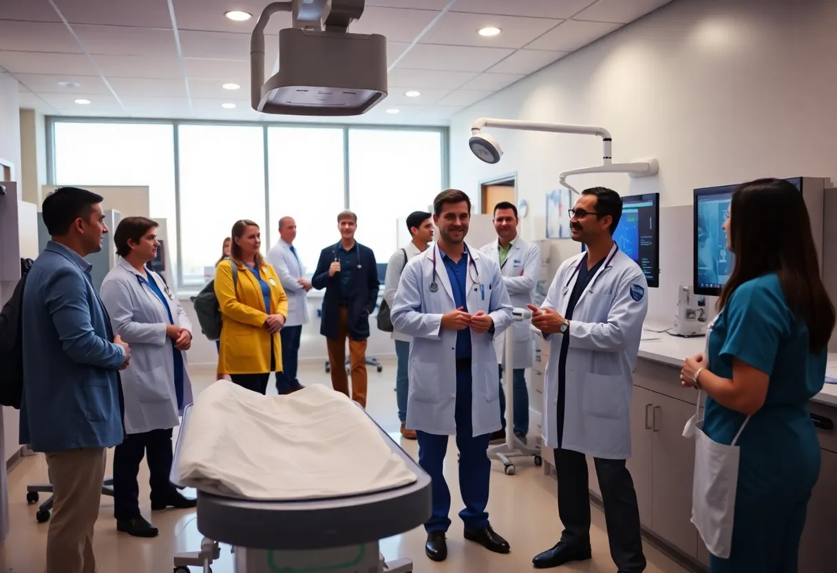 A group of healthcare professionals discussing treatments in a modern clinic in Nashville