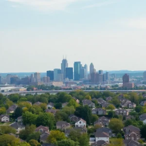 Aerial view of Nashville showcasing homes and buildings