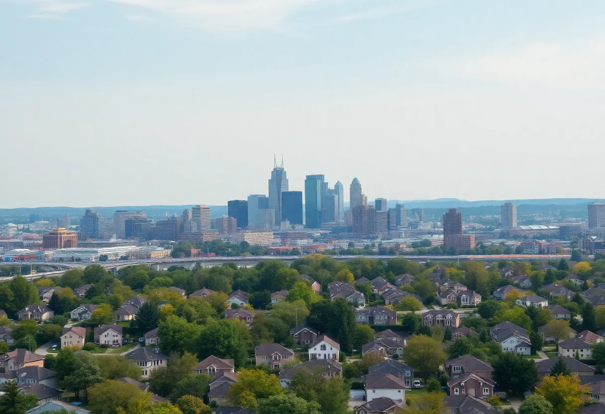 Aerial view of Nashville showcasing homes and buildings