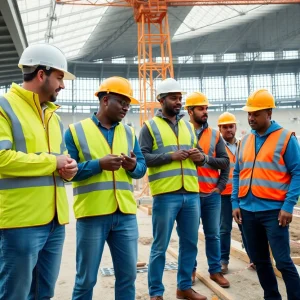 Construction workers collaborating on site for Nissan Stadium
