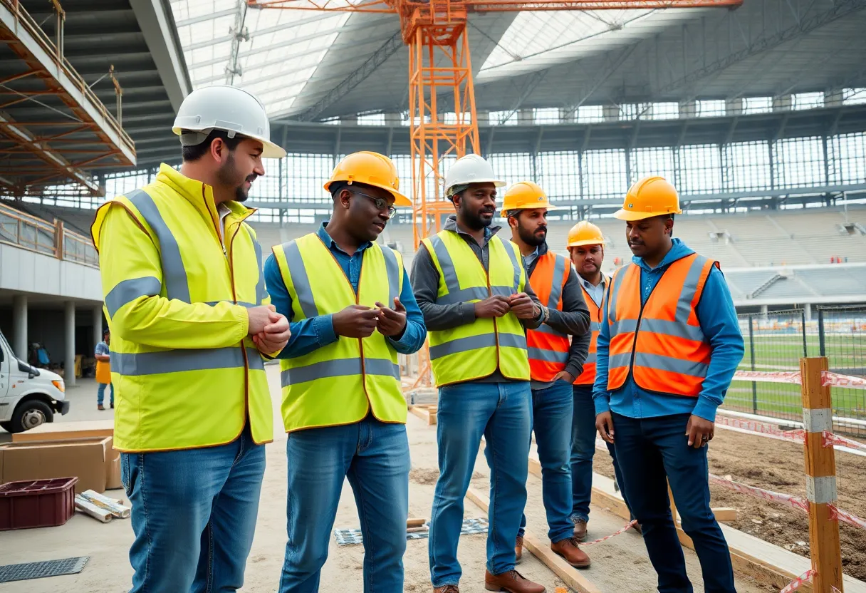 Construction workers collaborating on site for Nissan Stadium