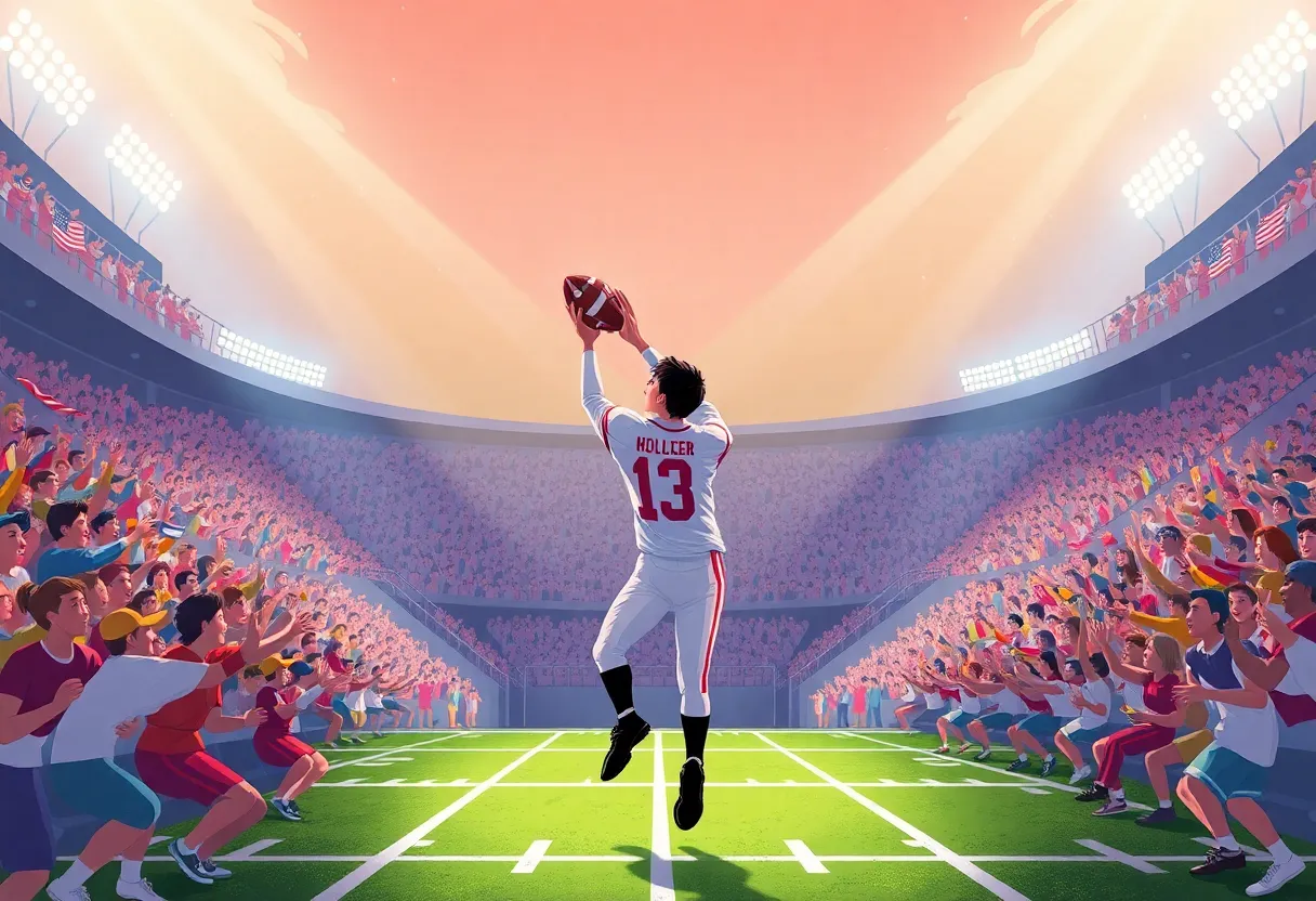 Owen Cabell committing to Alabama depicted in a vibrant college football atmosphere