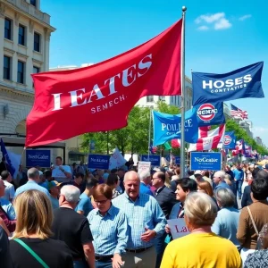 Crowd discussing political candidates outdoors