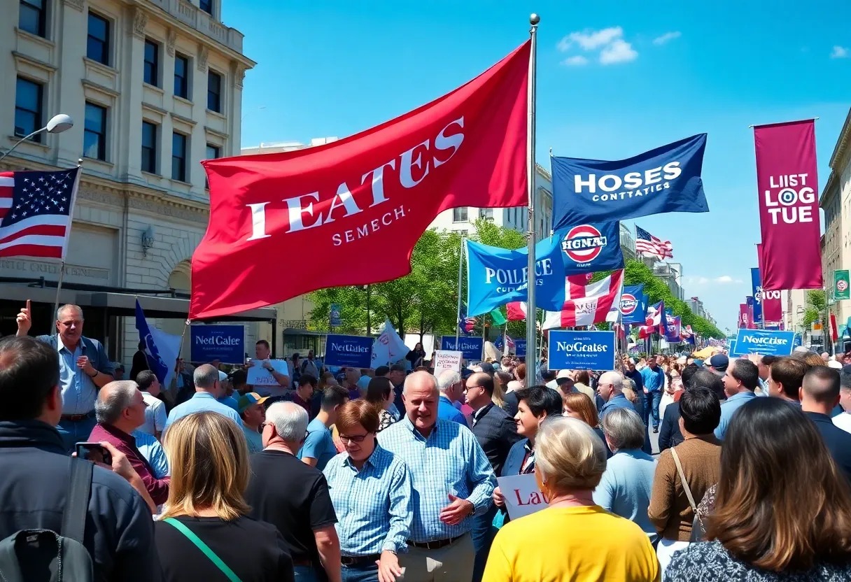 Crowd discussing political candidates outdoors