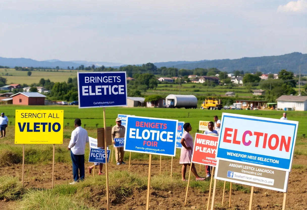 Campaign signs in a rural political landscape