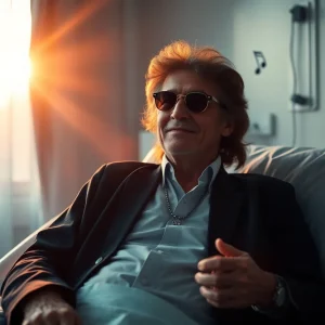 Ray Stevens recovering in a hospital bed with a smiling nurse