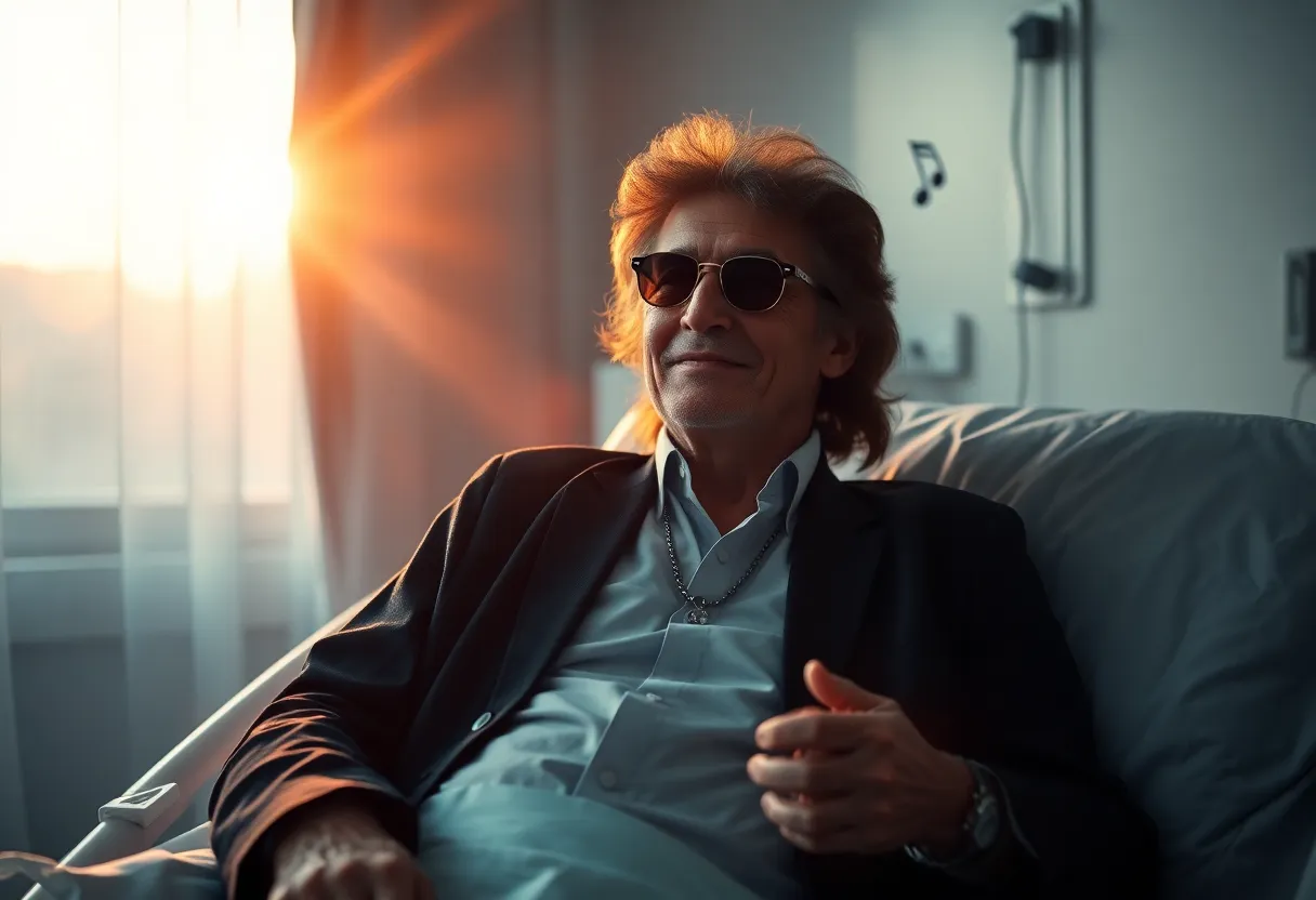 Ray Stevens recovering in a hospital bed with a smiling nurse