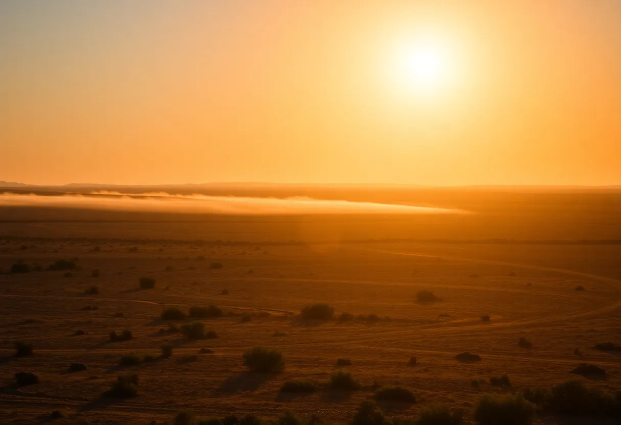 A landscape depicting the effects of a severe heatwave in the United States, with visible heat distortion and dry terrain.
