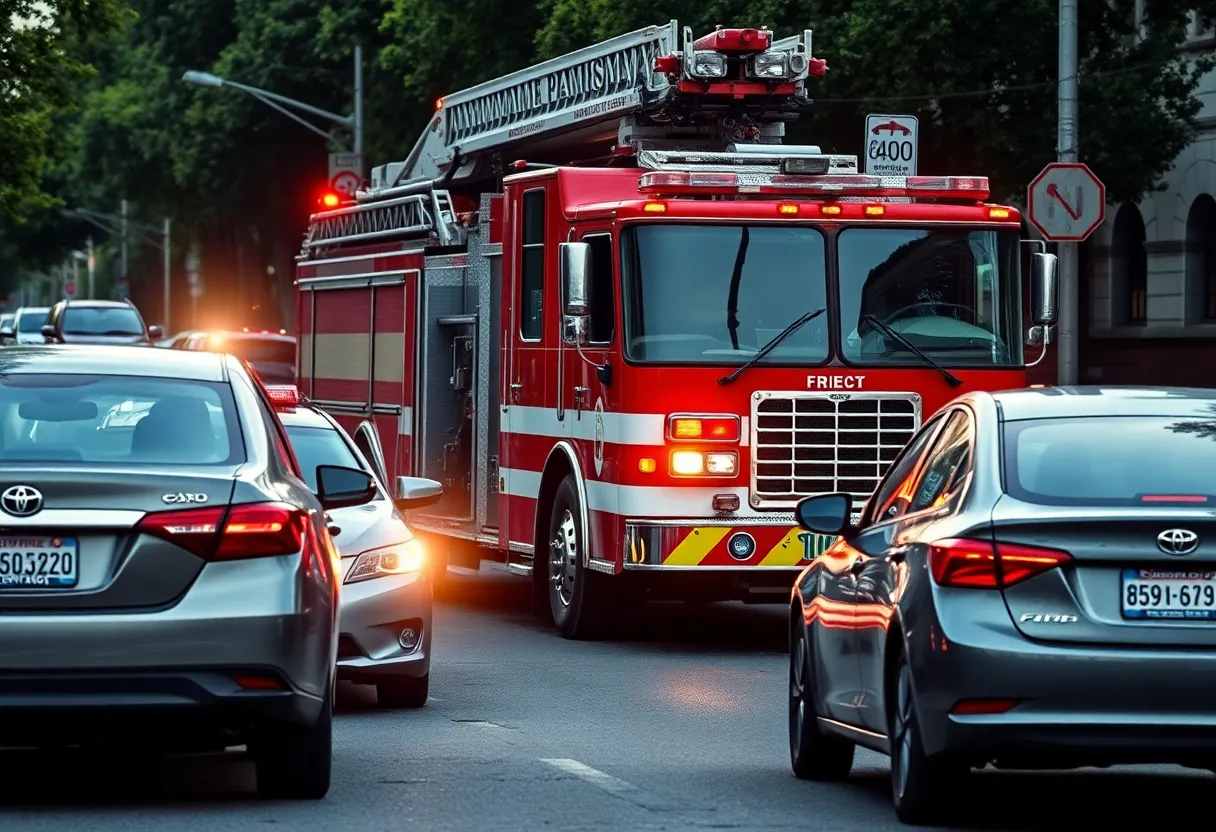 A fire engine speeding through a neighborhood causing damage