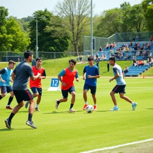 Tennessee Titans training camp scene with players practicing