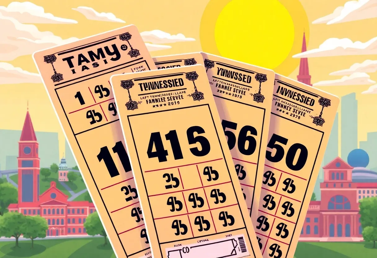 Winning lottery tickets from Tennessee Lottery with numbers highlighted.