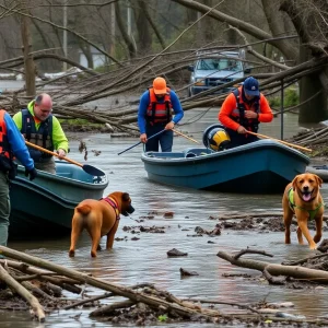 Volunteers and search teams working in flood-affected area