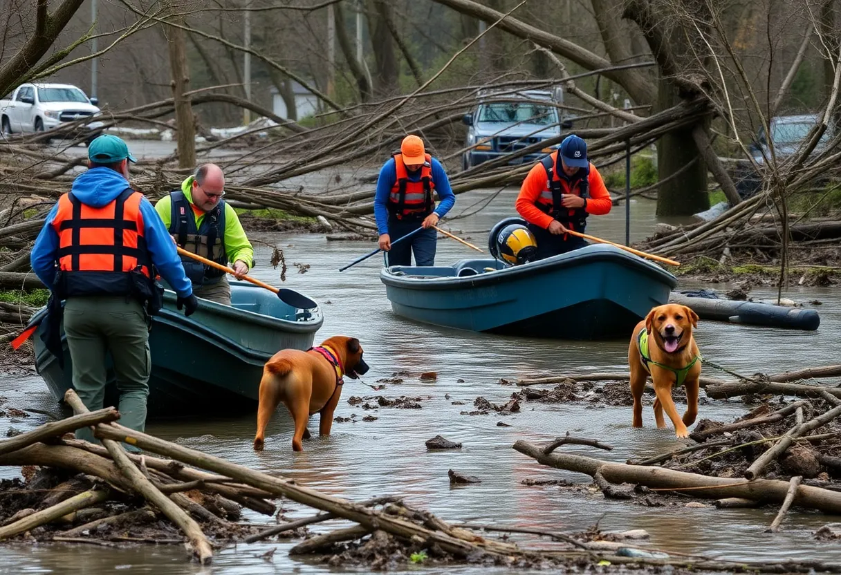 Volunteers and search teams working in flood-affected area