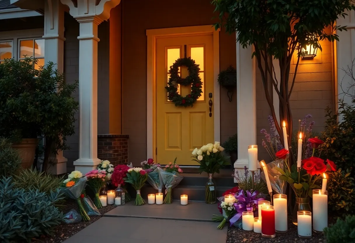 Tribute flowers and candles at the entrance of a home in Encino