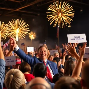 Crowd celebrating at Trump Iowa rally with fireworks