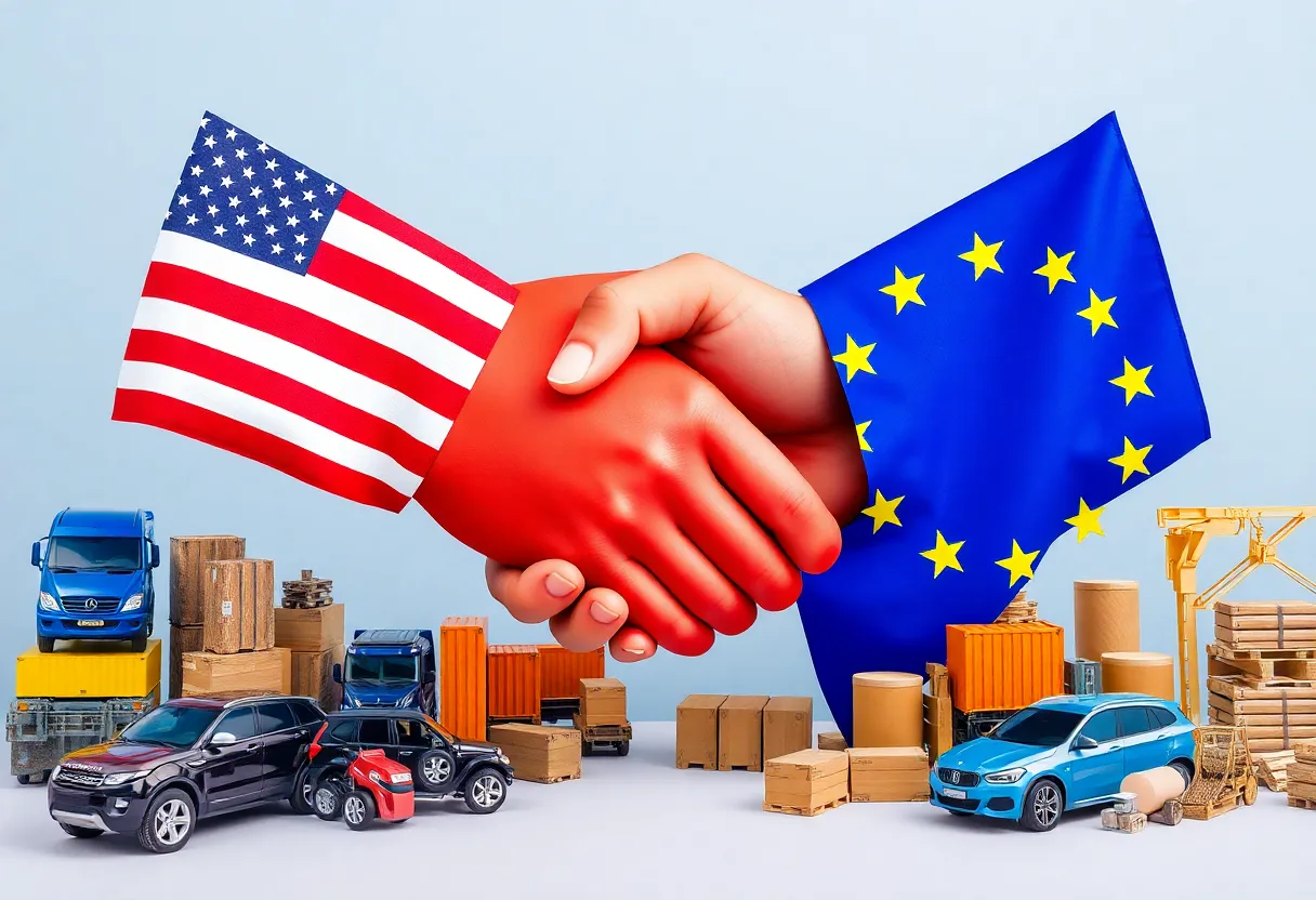 Visual representation of the US EU trade agreement with flags and trade goods