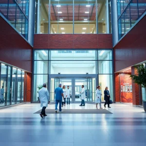 Entrance of Vanderbilt University Medical Center bustling with healthcare workers