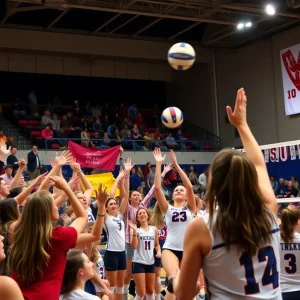 Crowd cheering at a Vanderbilt volleyball game