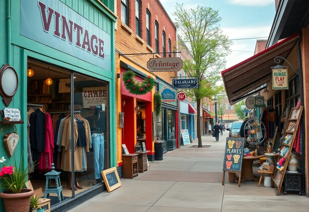 Colorful vintage shops in East Nashville filled with eclectic clothing and collectibles.